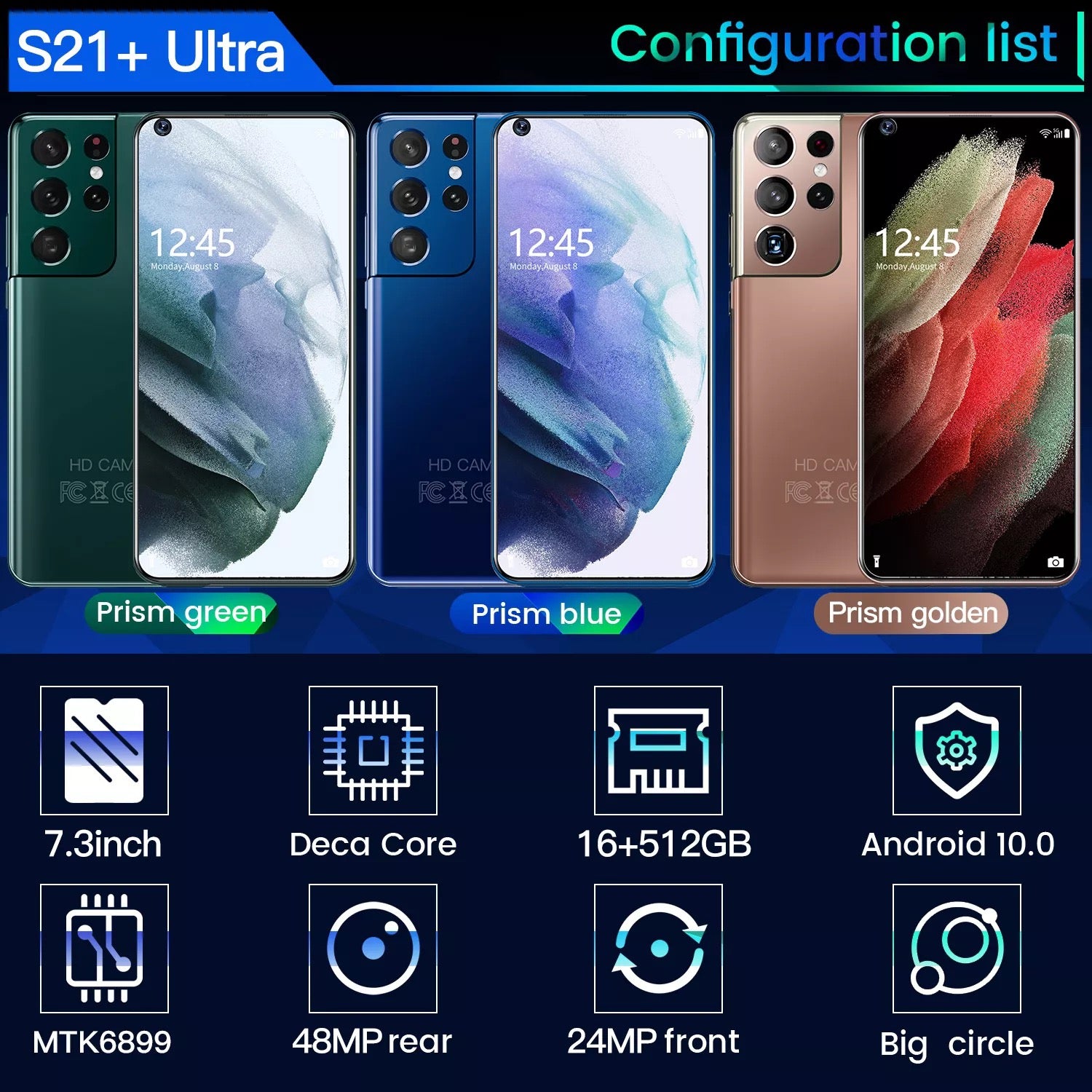 S21+Ultra Smartphone 7.3 inch 16GB+512GB 6800mAh Unlock Global Version 4G/5G Android10.0 Mobile phone Cellphone Smart Phone