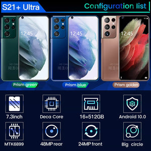 S21+Ultra Smartphone 7.3 inch 16GB+512GB 6800mAh Unlock Global Version 4G/5G Android10.0 Mobile phone Cellphone Smart Phone